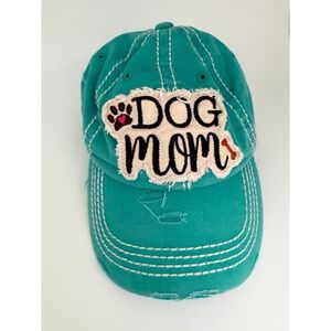 Dog Mom Vintage Distressed Adjustable Baseball Cap Hat Turquoise